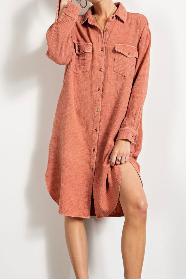 Gauze Shirt Dress Dried Rose Gathered in Grace