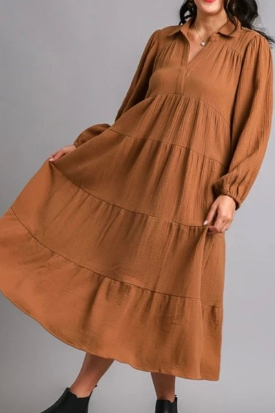 Pecan Curvy Gauze Dress (XL-2X)