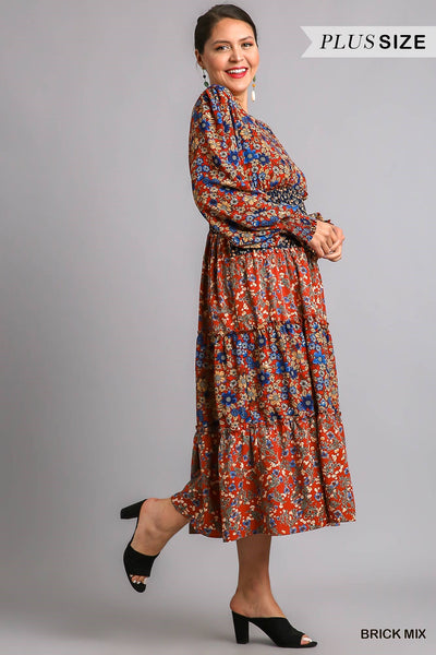 CURVY Brick Tiered V Neck Multi Print Midi Dress