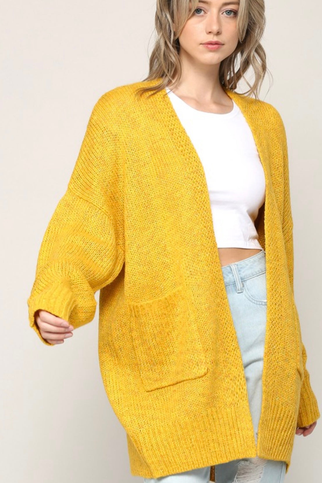 Batwing Open Front Knit Cardigan - Yellow