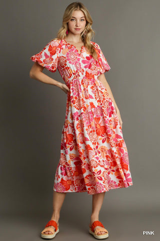 PINK FLORAL PRINT MIDI DRESS with BALLOON SLEEVES