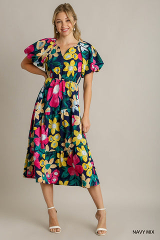 NAVY FLORAL PRINT MIDI DRESS with BALLOON SLEEVES