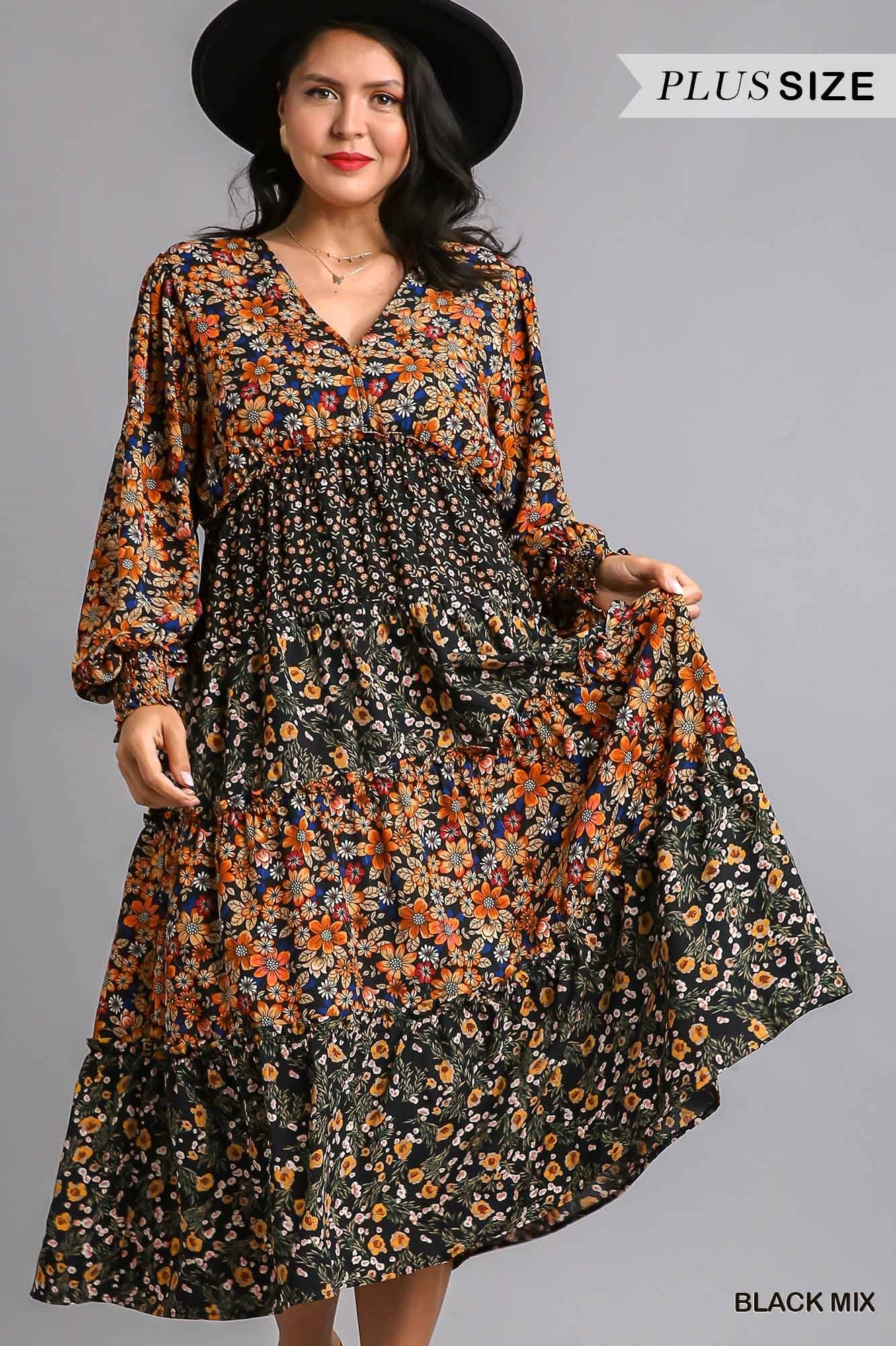 CURVY BLACK Tiered V Neck Multi Print Midi Dress