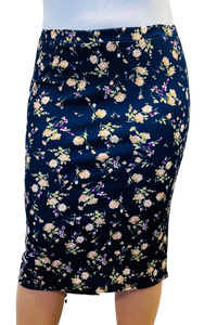 *Stretchy Floral Skirt - Navy