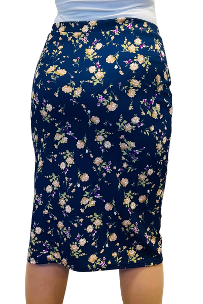 *Stretchy Floral Skirt - Navy