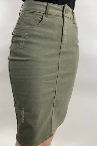 Tess Denim Skirt in Distressed Olive - FINAL SALE