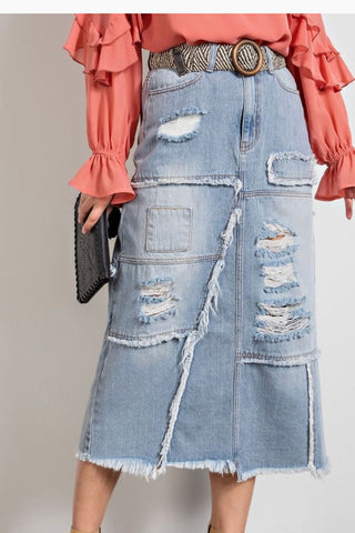 Distressed Denim Patch Skirt
