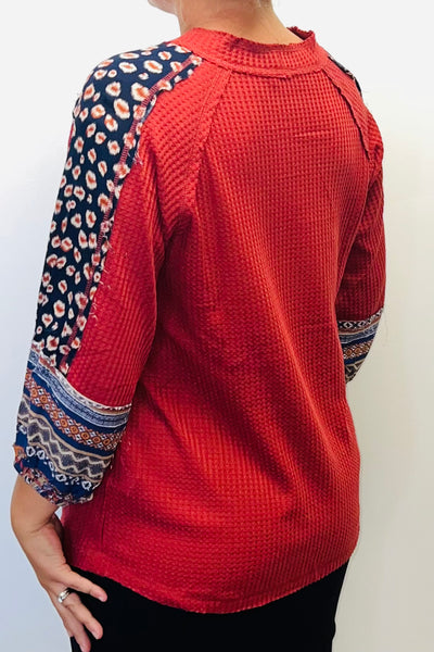Waffle Knit Patterned Sleeve Top - Burgundy
