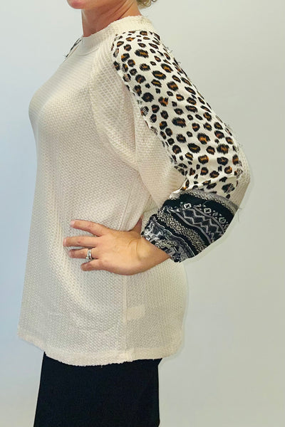 Waffle Knit Patterned Sleeve Top - Ivory