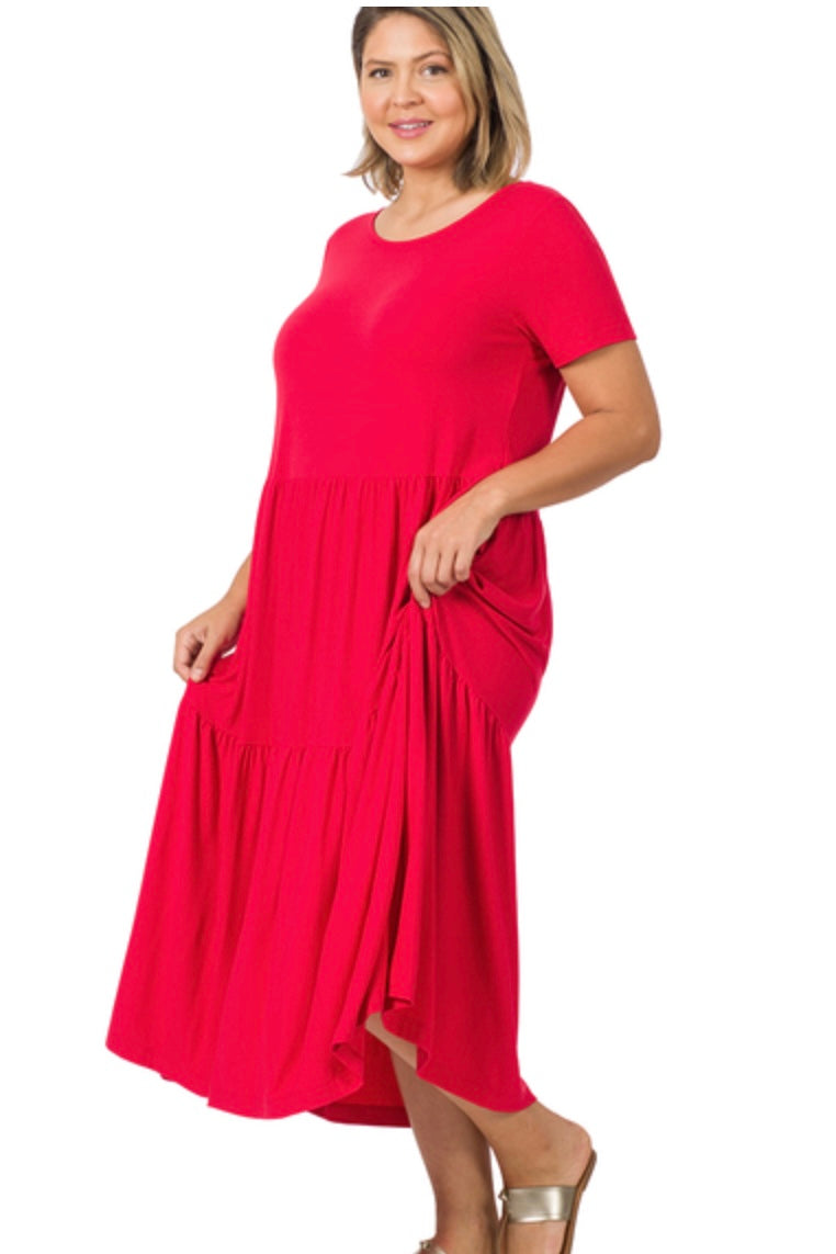 Plus Classic Midi Tiered Dress - Ruby