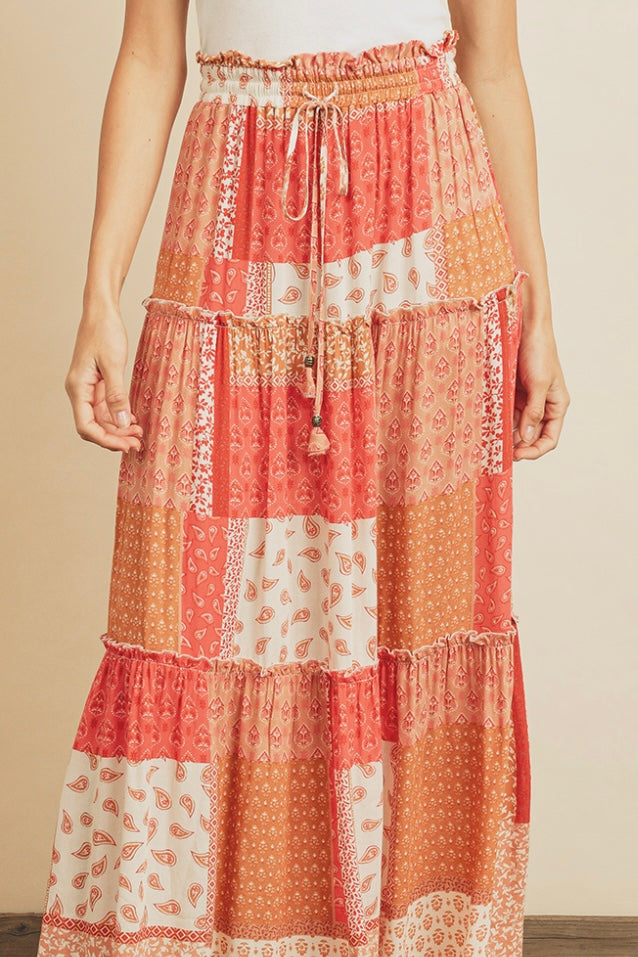 Patchwork Ruffle Tiered Maxi Skirt