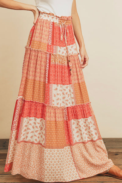 Patchwork Ruffle Tiered Maxi Skirt