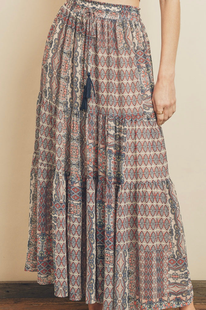 Blue/Coral Print Tiered Skirt