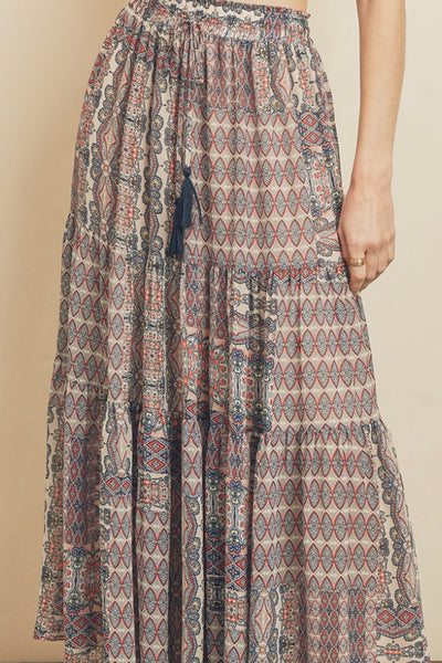Blue/Coral Print Tiered Skirt