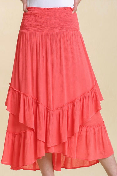 Coral Smocked Waist Asymmetrical Skirt - Final Sale