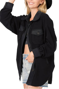 Fleece Shacket with Elbow Patches - Black
