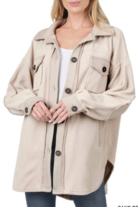 Fleece Shacket with Elbow Patches - Sand Beige