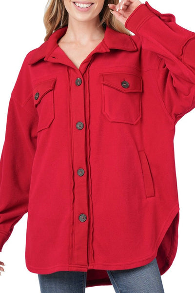 Fleece Shacket with Elbow Patches - Red