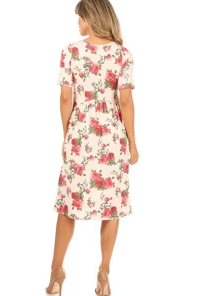 Ivory and Red Floral Knee Length Dress