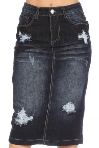Dark Distressed Denim Skirt