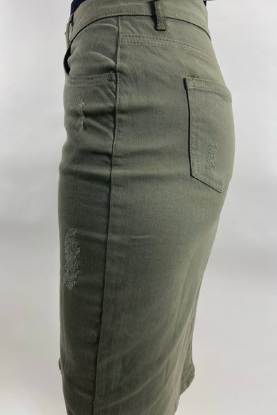 Tess Denim Skirt in Distressed Olive - FINAL SALE